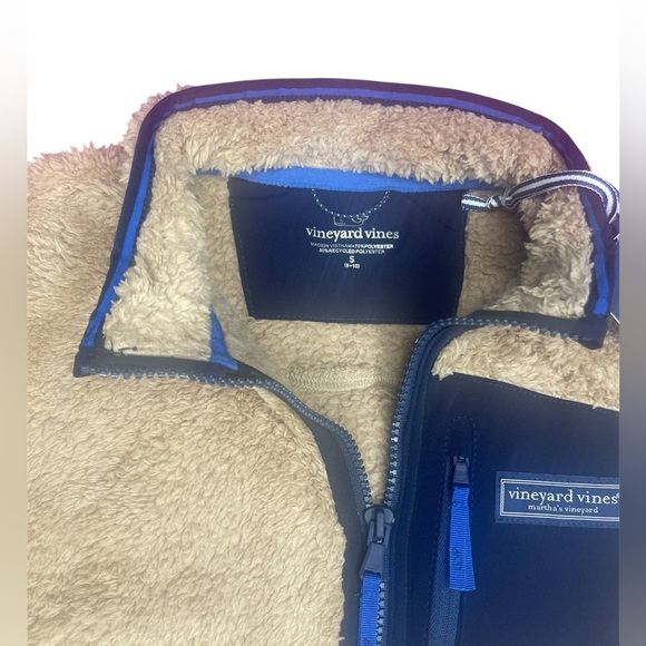 Vineyard Vines 1/4 Zip Teddy Fleece Pullover Tan Blue Trim Boy's Small 8-10 NWT - Picture 2 of 3